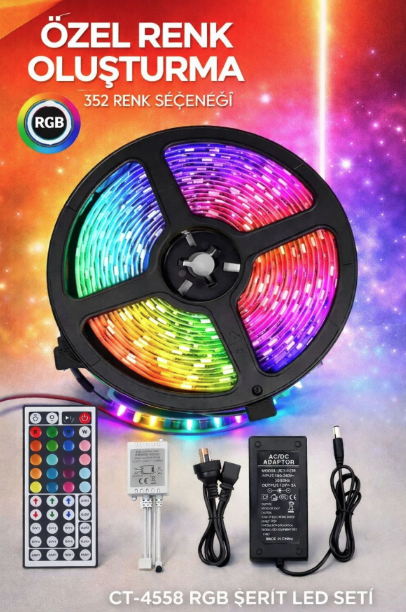 Cata -4558 CT-4558 5m LED Şerit Aydınlatma Aksesuarı 352 Renk RGB Kumanda ile Kontrol